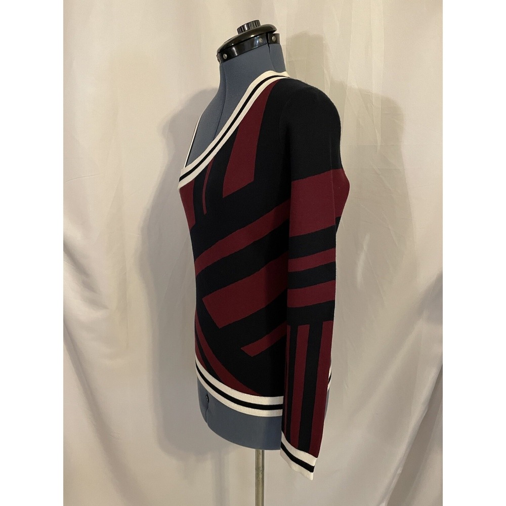 Karen Millen One-Shoulder Striped Knit Top in Black, Burgundy & Cream - Picture 3 of 7